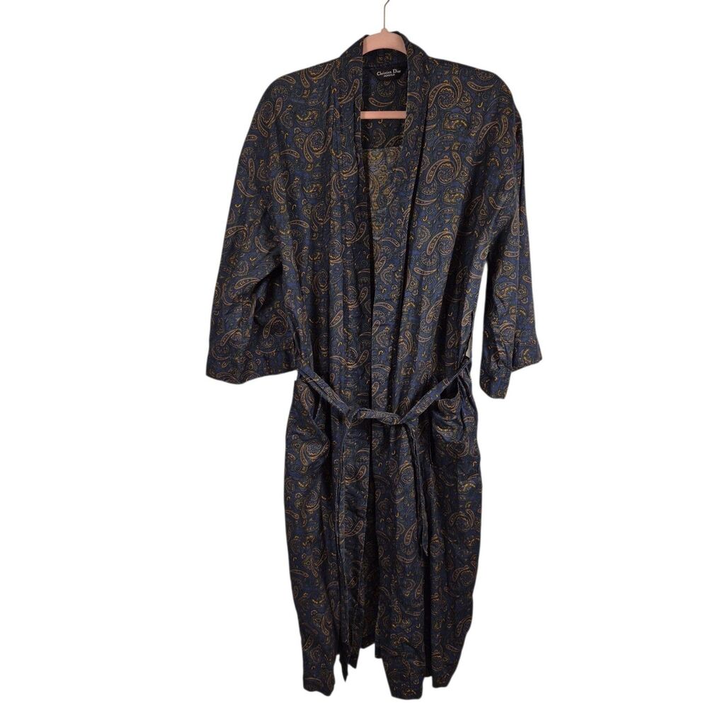 Christian Dior Monsieur Vintage Robe One Size Blue Gold Paisley Print Cotton